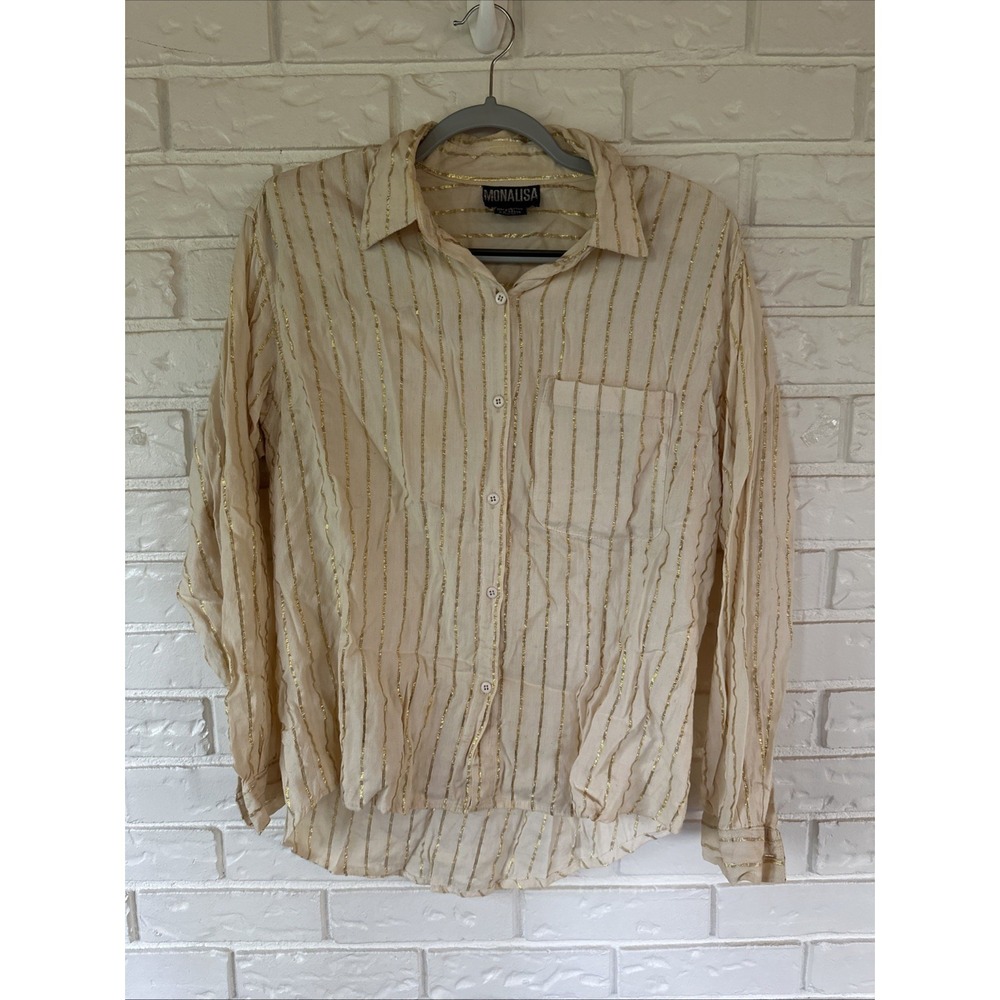 Mona Lisa‎ PL Blouse 100% Cotton  Button Down Yellow Gold Stripe India Made Top